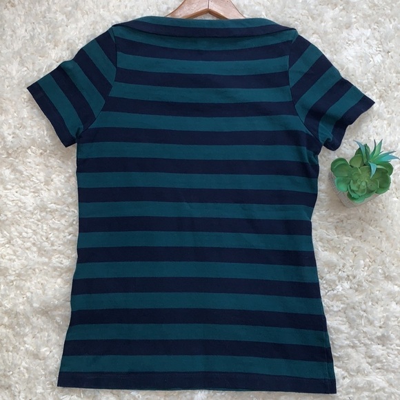 BURBERRY Brit AWNING STRIPED BATEAU NECKLINE teal & navy T-SHIRT studded top - Picture 5 of 8